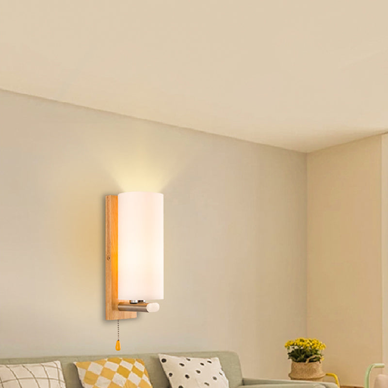 Nordic Style Wooden Wall Lamp White Cylindrical Shade Simplicity Lighting Fixture with Hand Pull Switch