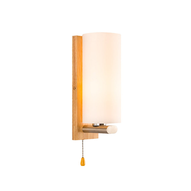 Nordic Style Wooden Wall Lamp White Cylindrical Shade Simplicity Lighting Fixture with Hand Pull Switch
