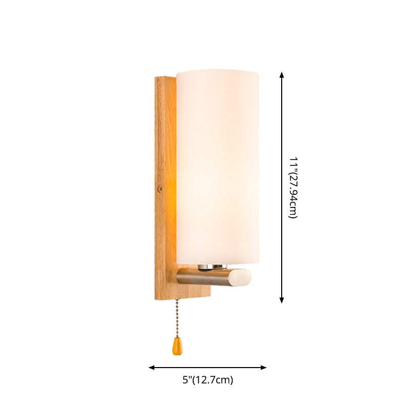 Nordic Style Wooden Wall Lamp White Cylindrical Shade Simplicity Lighting Fixture with Hand Pull Switch