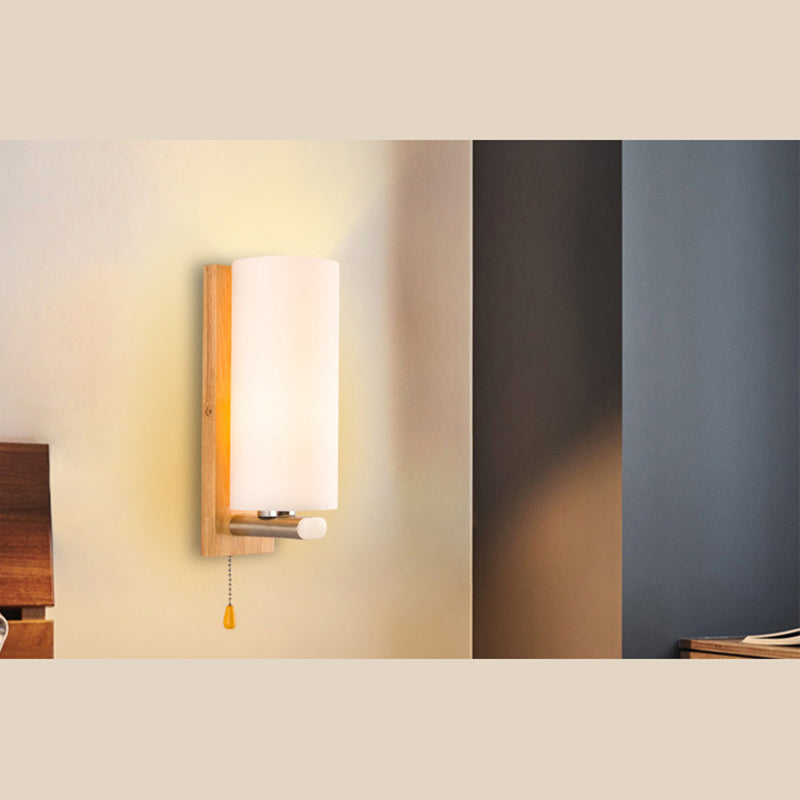Nordic Style Wooden Wall Lamp White Cylindrical Shade Simplicity Lighting Fixture with Hand Pull Switch
