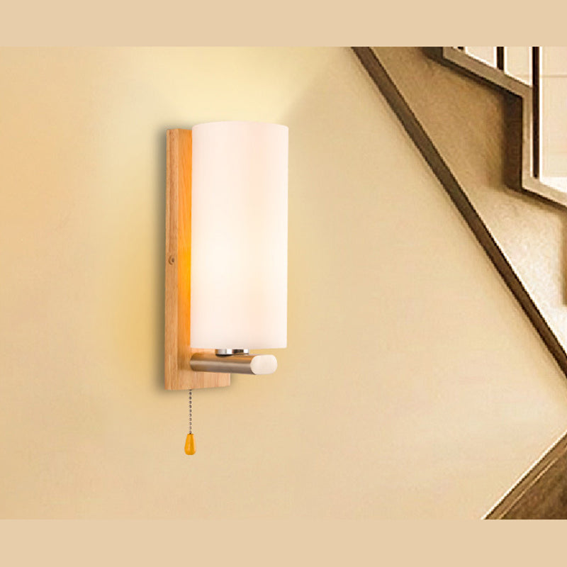 Nordic Style Wooden Wall Lamp White Cylindrical Shade Simplicity Lighting Fixture with Hand Pull Switch