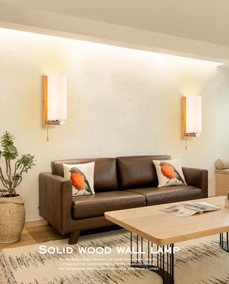 Nordic Style Wooden Wall Lamp White Cylindrical Shade Simplicity Lighting Fixture with Hand Pull Switch
