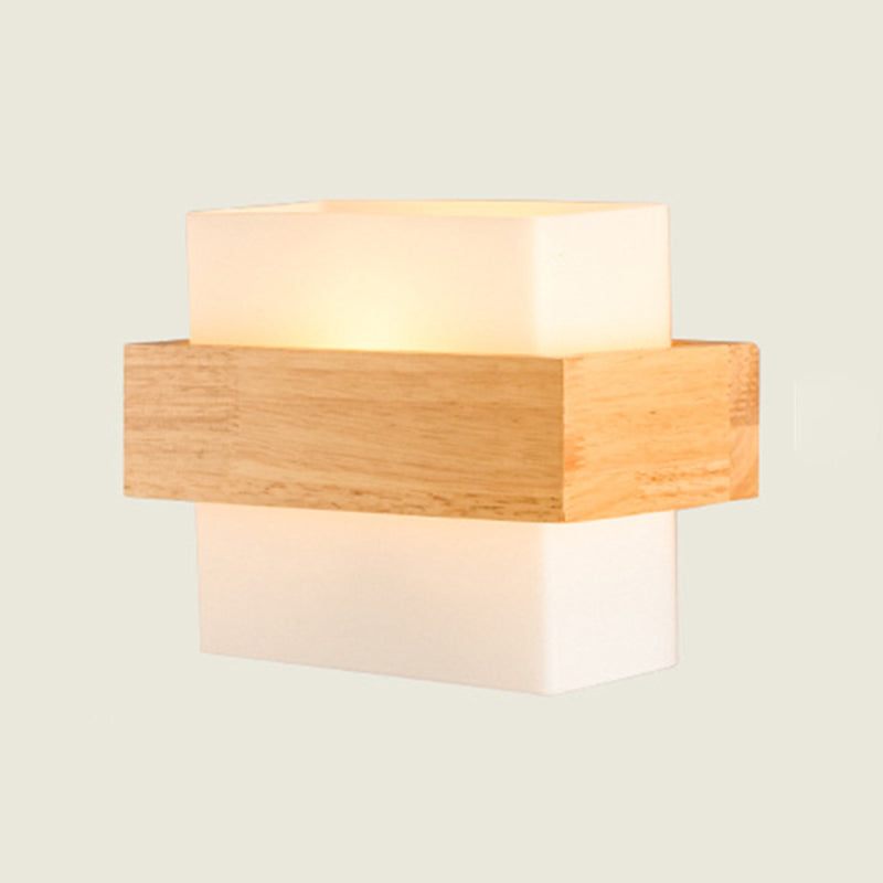 8.6" Wide Rectangular Modern Style Wall Lamp Simplicity Wooden Bedroom Sconces Light with White Glass Shade