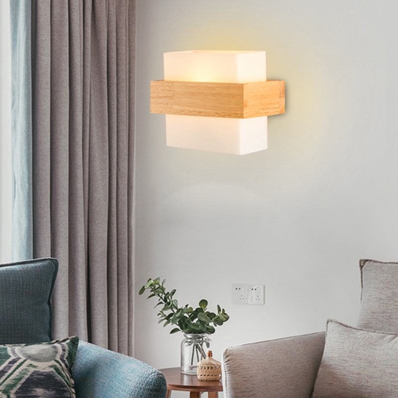 8.6" Wide Rectangular Modern Style Wall Lamp Simplicity Wooden Bedroom Sconces Light with White Glass Shade
