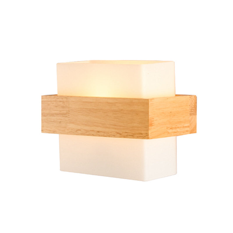 8.6" Wide Rectangular Modern Style Wall Lamp Simplicity Wooden Bedroom Sconces Light with White Glass Shade