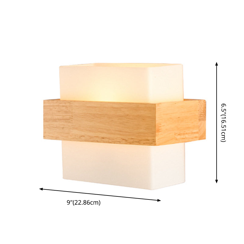 8.6" Wide Rectangular Modern Style Wall Lamp Simplicity Wooden Bedroom Sconces Light with White Glass Shade
