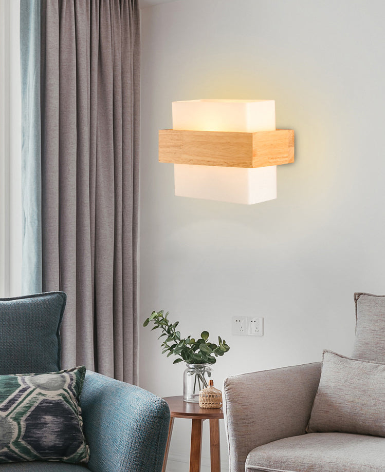 8.6" Wide Rectangular Modern Style Wall Lamp Simplicity Wooden Bedroom Sconces Light with White Glass Shade