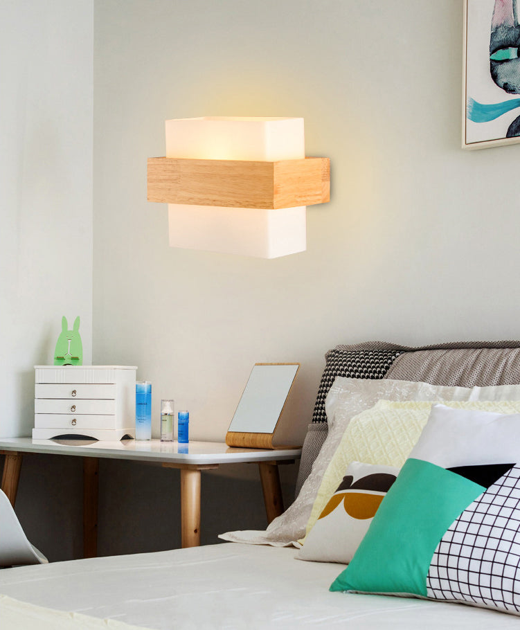 8.6" Wide Rectangular Modern Style Wall Lamp Simplicity Wooden Bedroom Sconces Light with White Glass Shade