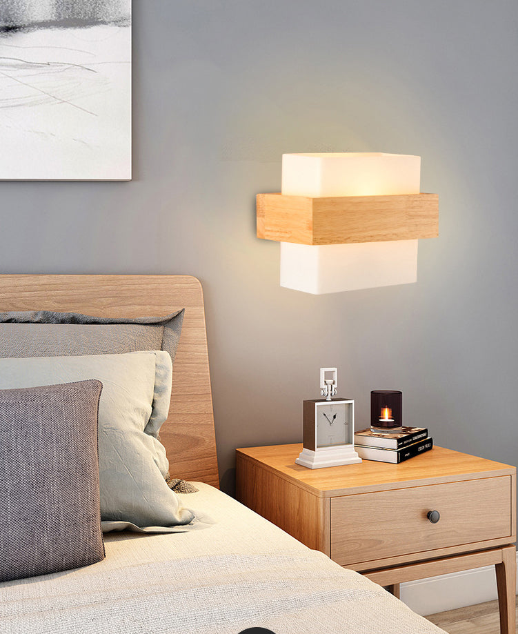 8.6" Wide Rectangular Modern Style Wall Lamp Simplicity Wooden Bedroom Sconces Light with White Glass Shade