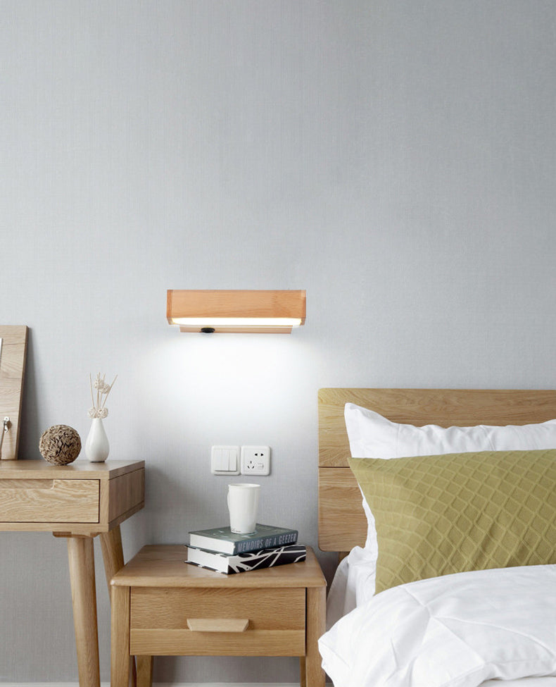 Modern Minimalist Style Rectangular Wall Mounted Light Fixture Wood Sconces for Bedroom