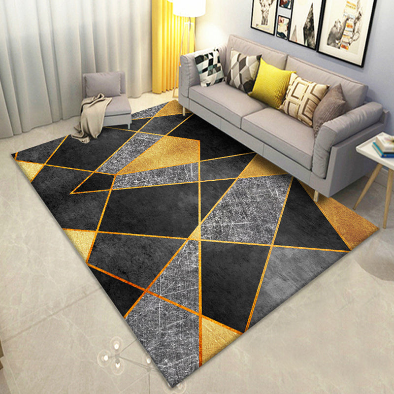 Modern Geometric Lines Printed Rug Black Tone Polyester Area Carpet Non-Slip Backing Rug for Living Room