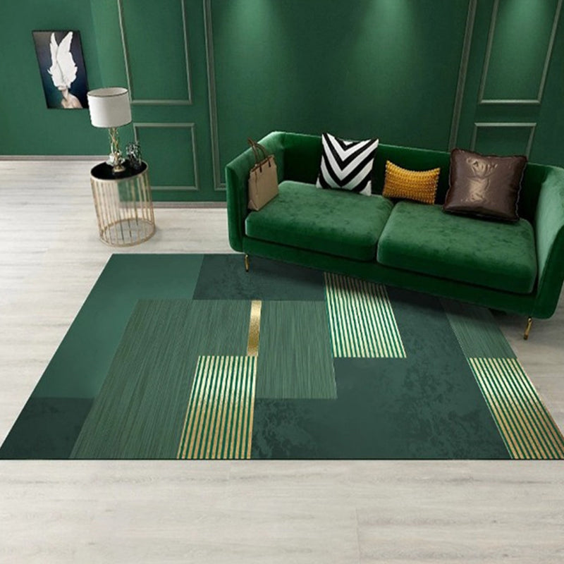 Green Tone Metal Lines Print Rug Polyester Trendy Anti-Slip Backing Indoor Rug for Living Room