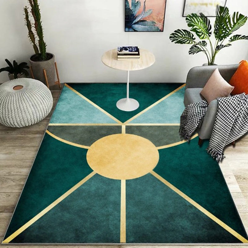 Green Tone Metal Lines Print Rug Polyester Trendy Anti-Slip Backing Indoor Rug for Living Room