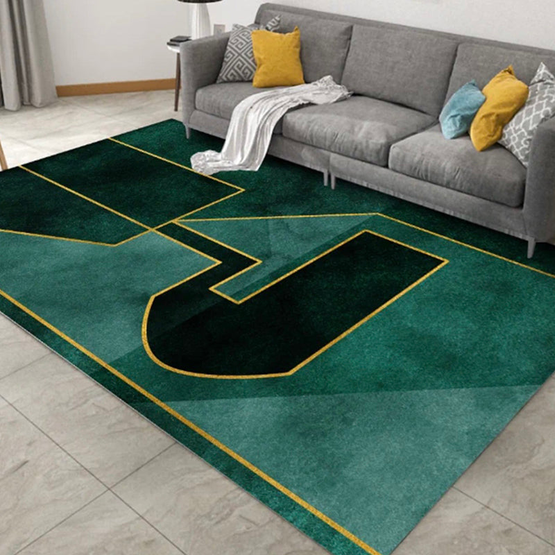 Green Tone Metal Lines Print Rug Polyester Trendy Anti-Slip Backing Indoor Rug for Living Room