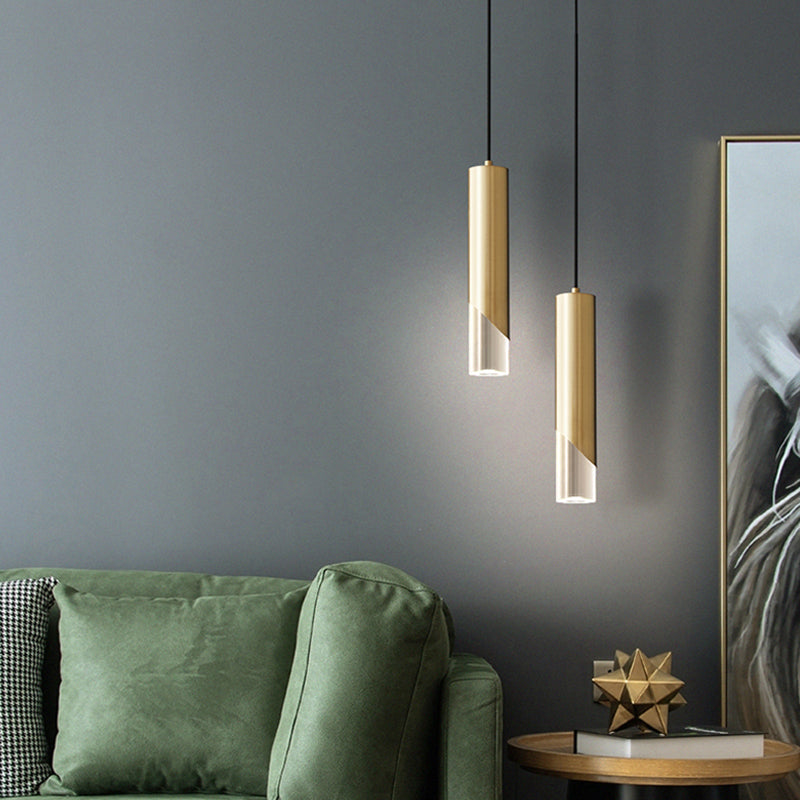 Cilindrische koperen LED -verlichting Hanger Acryl schaduw Minimalisme Slaapkamer Suspensielamp met 78,7 "Hangdraad