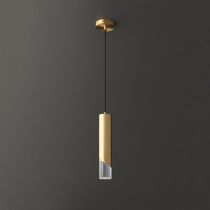 Cilindrische koperen LED -verlichting Hanger Acryl schaduw Minimalisme Slaapkamer Suspensielamp met 78,7 "Hangdraad