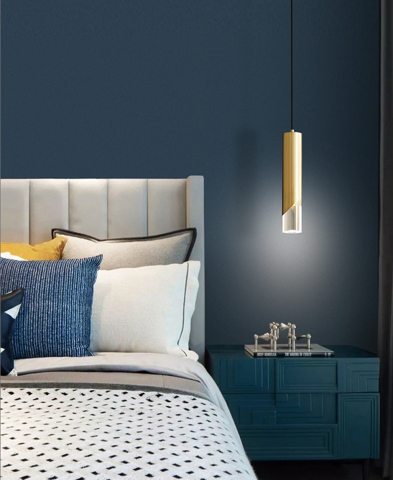 Cilindrische koperen LED -verlichting Hanger Acryl schaduw Minimalisme Slaapkamer Suspensielamp met 78,7 "Hangdraad