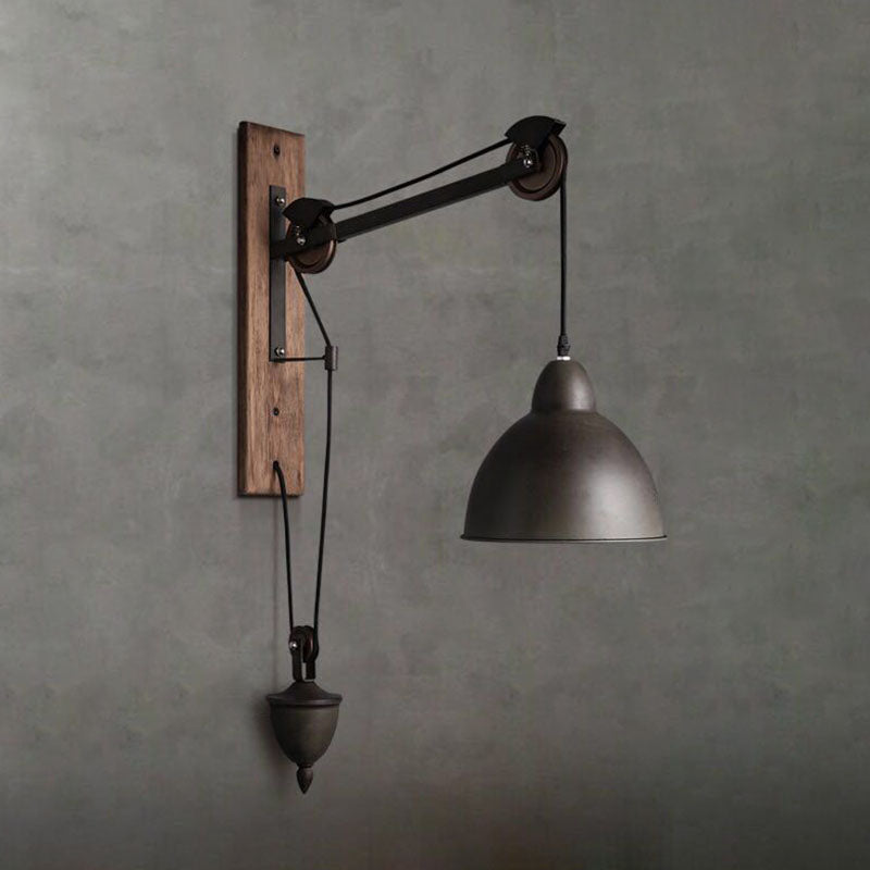 Industrial Style Bowl Shade Reading Wall Lamp 1-Light Metal Wall Sconce with Pulley in Black