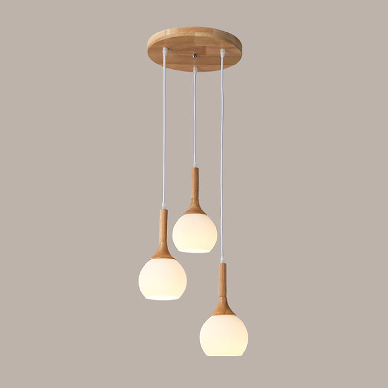 Lampada a sospensione nordica in legno piccolo sospensione con tonalità di vetro bianco per sala da pranzo