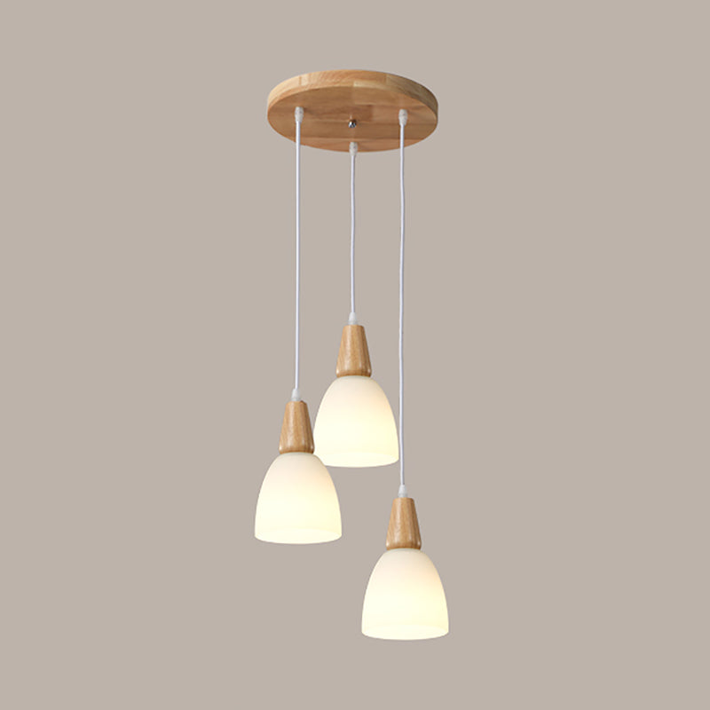 Lampada a sospensione nordica in legno piccolo sospensione con tonalità di vetro bianco per sala da pranzo