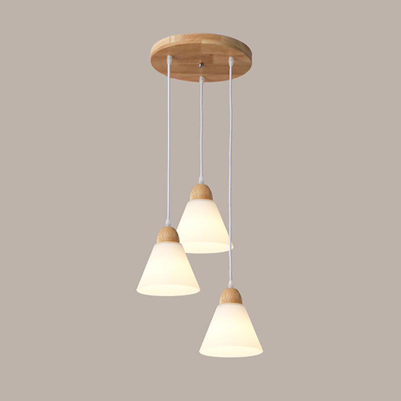 Lampada a sospensione nordica in legno piccolo sospensione con tonalità di vetro bianco per sala da pranzo