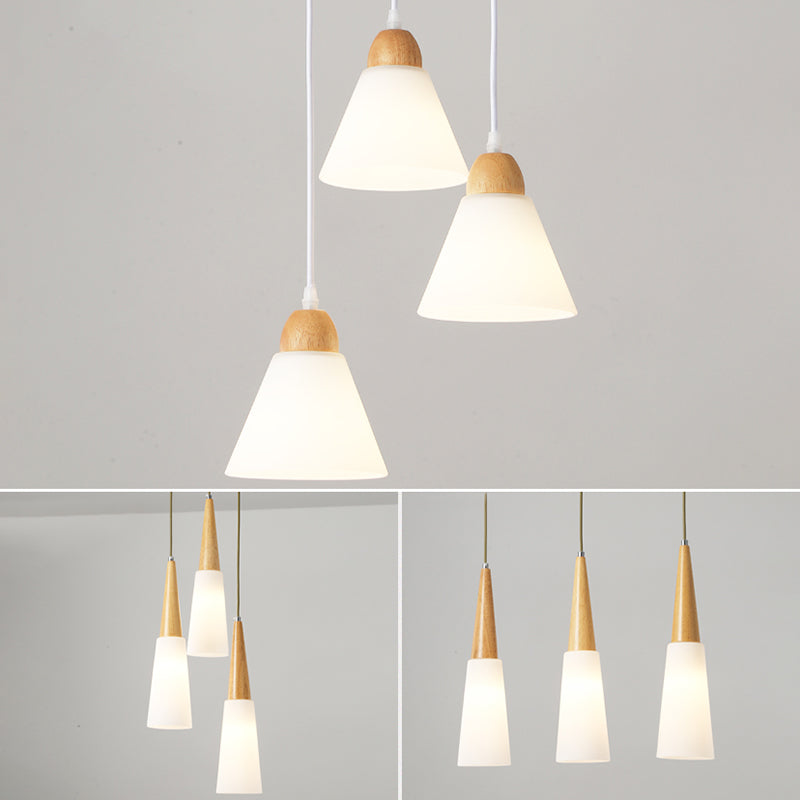 Lampada a sospensione nordica in legno piccolo sospensione con tonalità di vetro bianco per sala da pranzo
