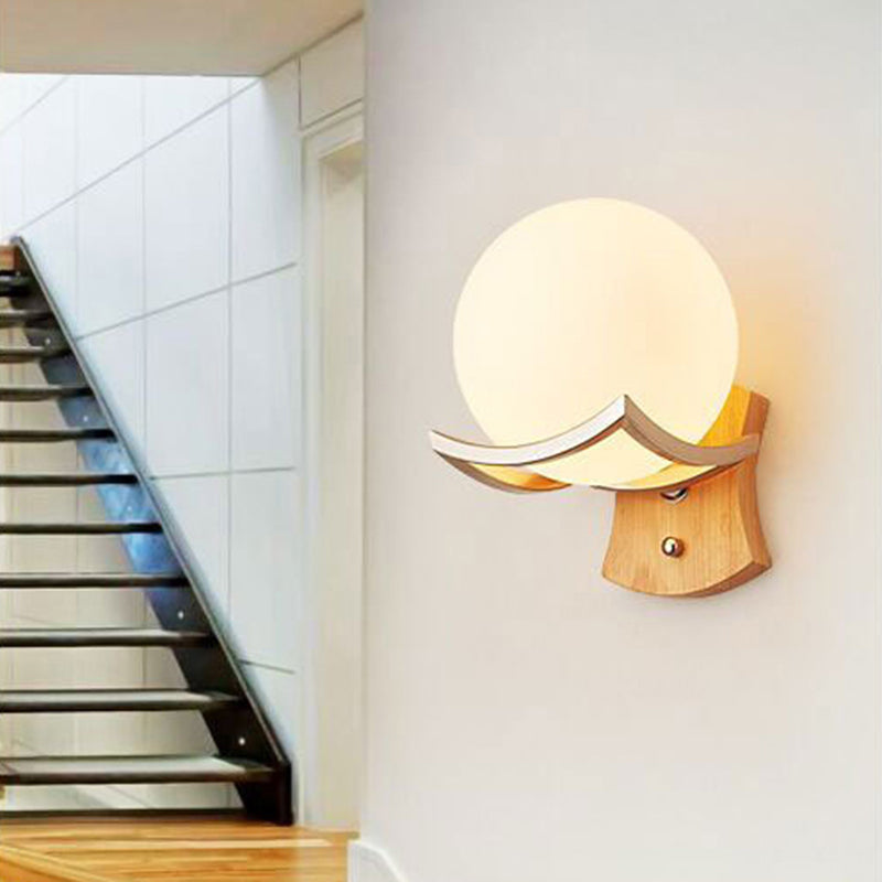 1 Light Wood Wall Light Sconce Modern Spherical Bedroom Wall Mounted Light Fixture