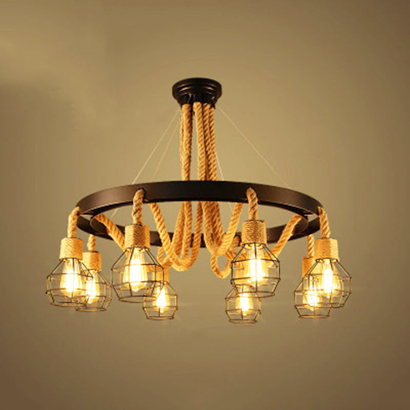 Rope Circular Pendant Light Fixtures Industrial Bar Hanging Chandelier Light