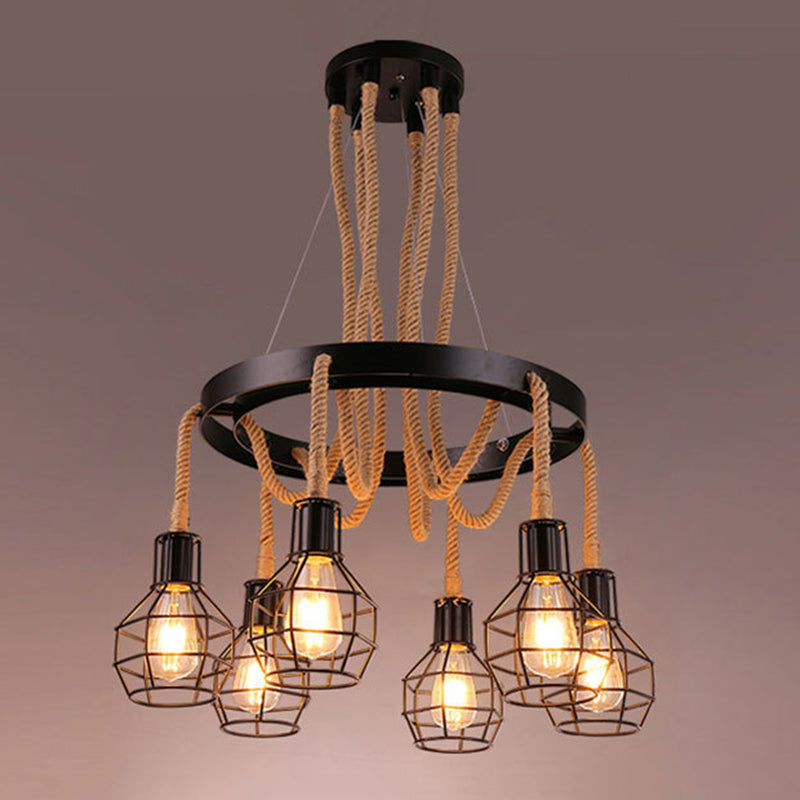 Rope Circular Pendant Light Fixtures Industrial Bar Hanging Chandelier Light
