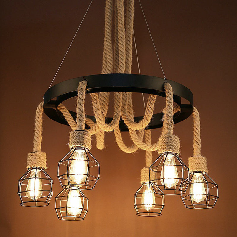 Rope Circular Pendant Light Fixtures Industrial Bar Hanging Chandelier Light