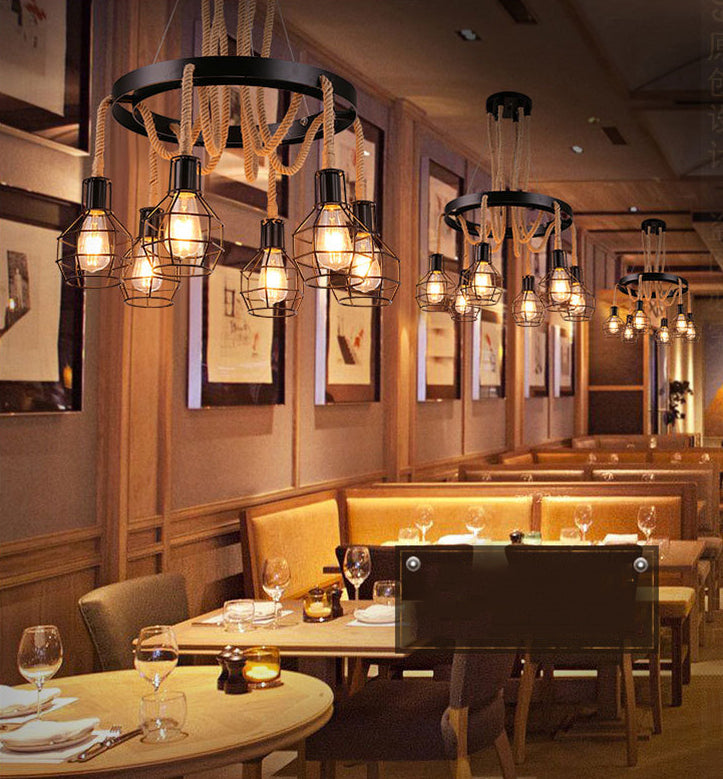 Rope Circular Pendant Light Fixtures Industrial Bar Hanging Chandelier Light
