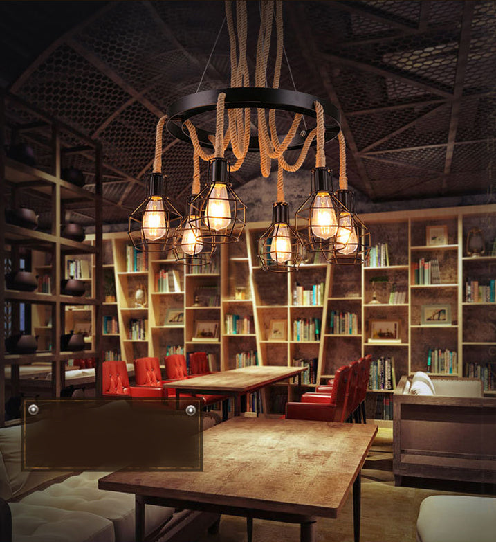 Rope Circular Pendant Light Fixtures Industrial Bar Hanging Chandelier Light