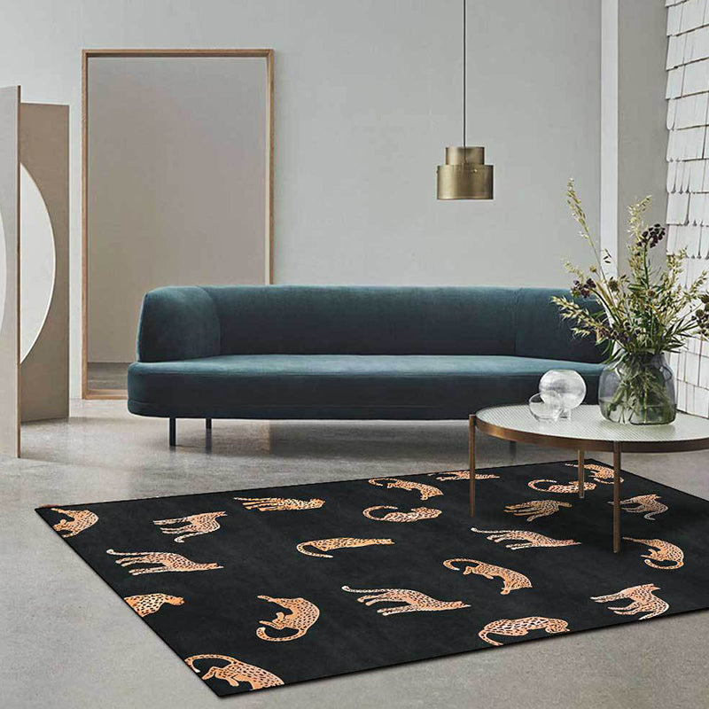 Trendy Leopard Pattern Rug Black Contemporary Area Carpet Anti-Slip Backing Rug for Living Room