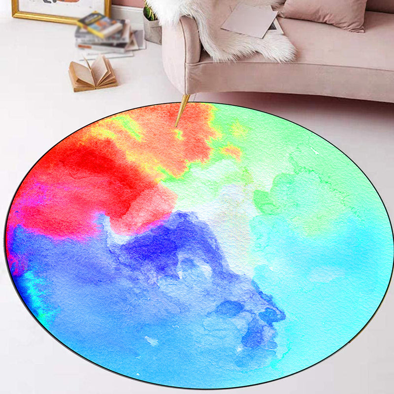 Multicolored Trendy Round Rug Watercolor Printed Carpet Non-Slip Backing Rug for Home Decoration