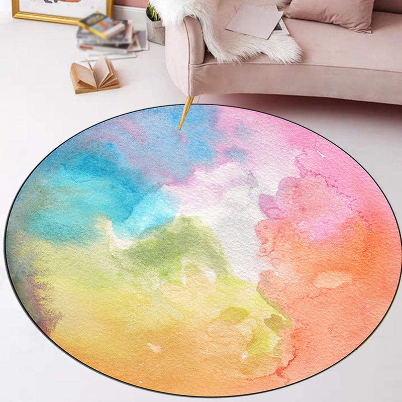Multicolored Trendy Round Rug Watercolor Printed Carpet Non-Slip Backing Rug for Home Decoration