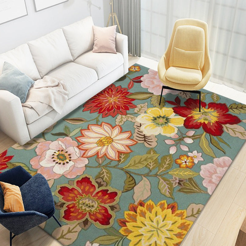 Natural Floral Printed Rug Trendy Polyester Area Rug Non-Slip Backing Carpet for Living Room