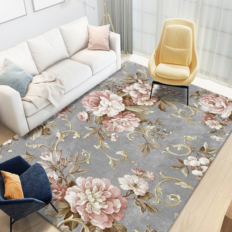 Natural Floral Printed Rug Trendy Polyester Area Rug Non-Slip Backing Carpet for Living Room