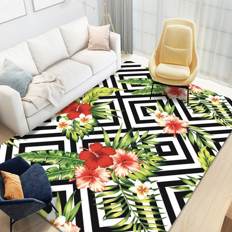 Natural Floral Printed Rug Trendy Polyester Area Rug Non-Slip Backing Carpet for Living Room