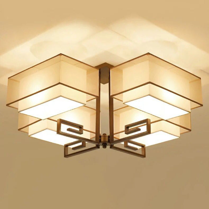 Plafoniera quadrata da incasso a 4 luci in stile classico tradizionale in ferro battuto con paralume in lino