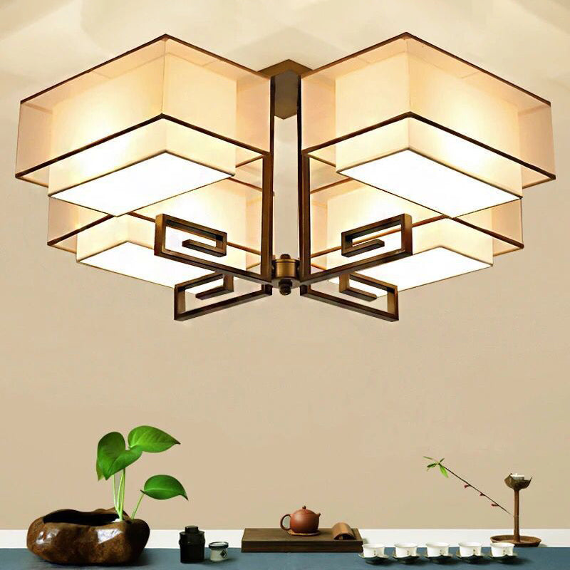 Plafoniera quadrata da incasso a 4 luci in stile classico tradizionale in ferro battuto con paralume in lino