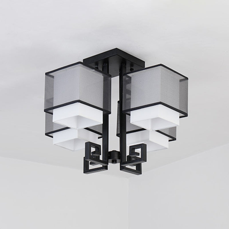 Plafoniera quadrata da incasso a 4 luci in stile classico tradizionale in ferro battuto con paralume in lino