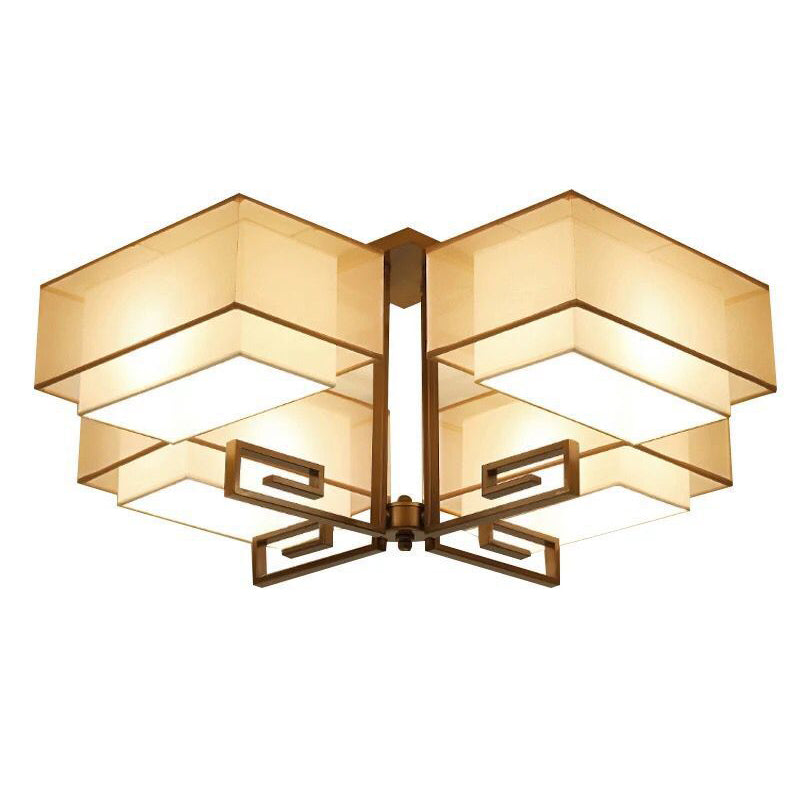 Plafoniera quadrata da incasso a 4 luci in stile classico tradizionale in ferro battuto con paralume in lino