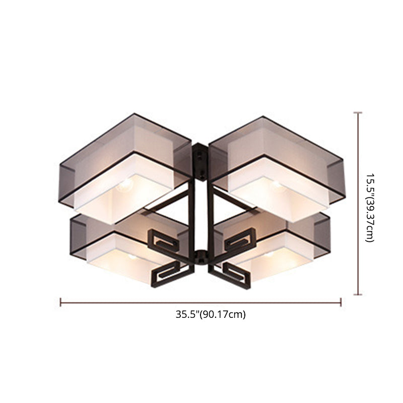 Plafoniera quadrata da incasso a 4 luci in stile classico tradizionale in ferro battuto con paralume in lino