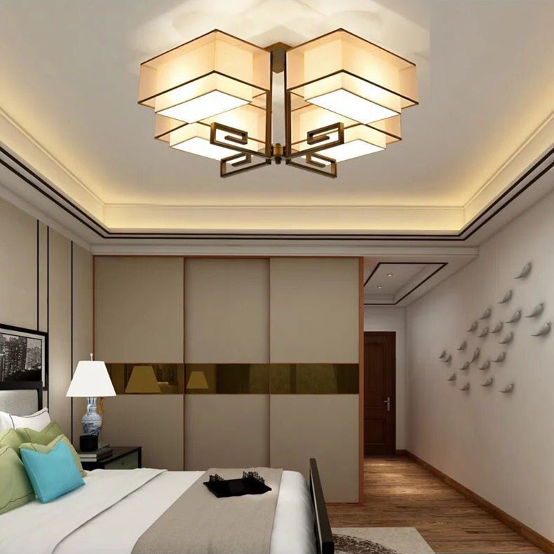 Plafoniera quadrata da incasso a 4 luci in stile classico tradizionale in ferro battuto con paralume in lino