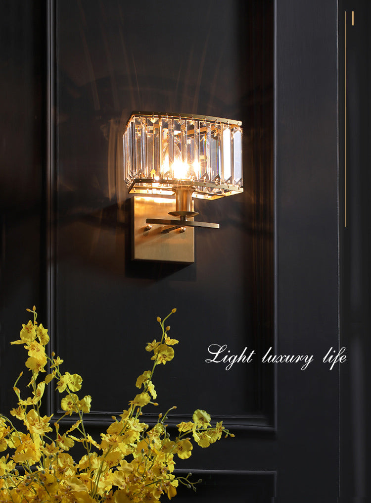 Gold Rectangular Wall Sconce in Modern Luxury Style Copper Wall Lamp with Crystal Shade