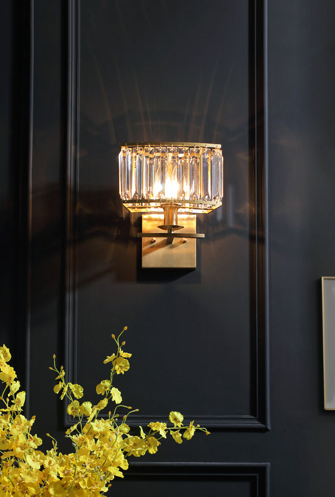 Gold Rectangular Wall Sconce in Modern Luxury Style Copper Wall Lamp with Crystal Shade
