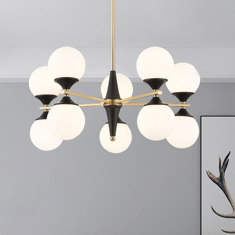 Globe Chandelier Post-modern White Glass Living Room Hanging Light in Black and Gold