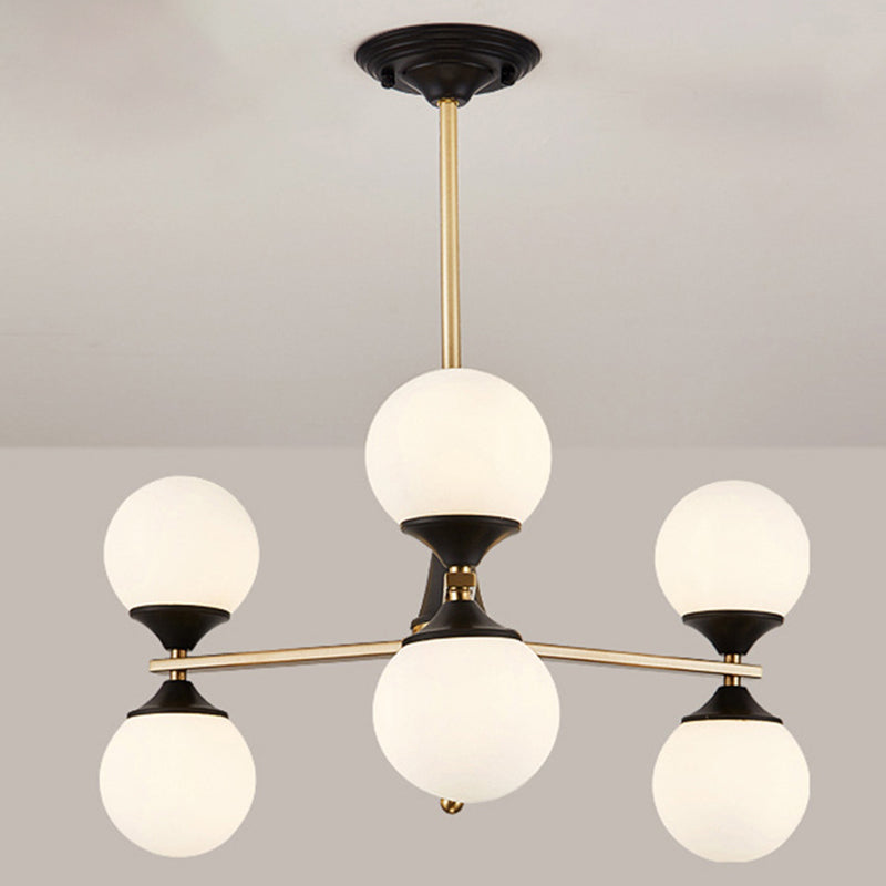 Globe Chandelier Post-modern White Glass Living Room Hanging Light in Black and Gold