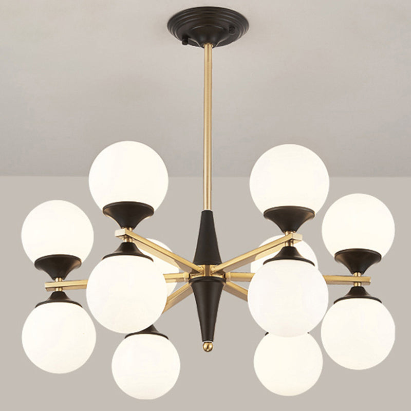 Globe Chandelier Post-modern White Glass Living Room Hanging Light in Black and Gold