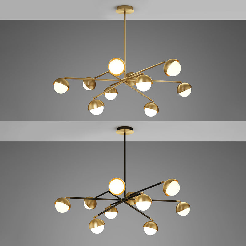 Postmodern Sputnik Chandelier Metal Living Room Pendant Light with White Glass Shade